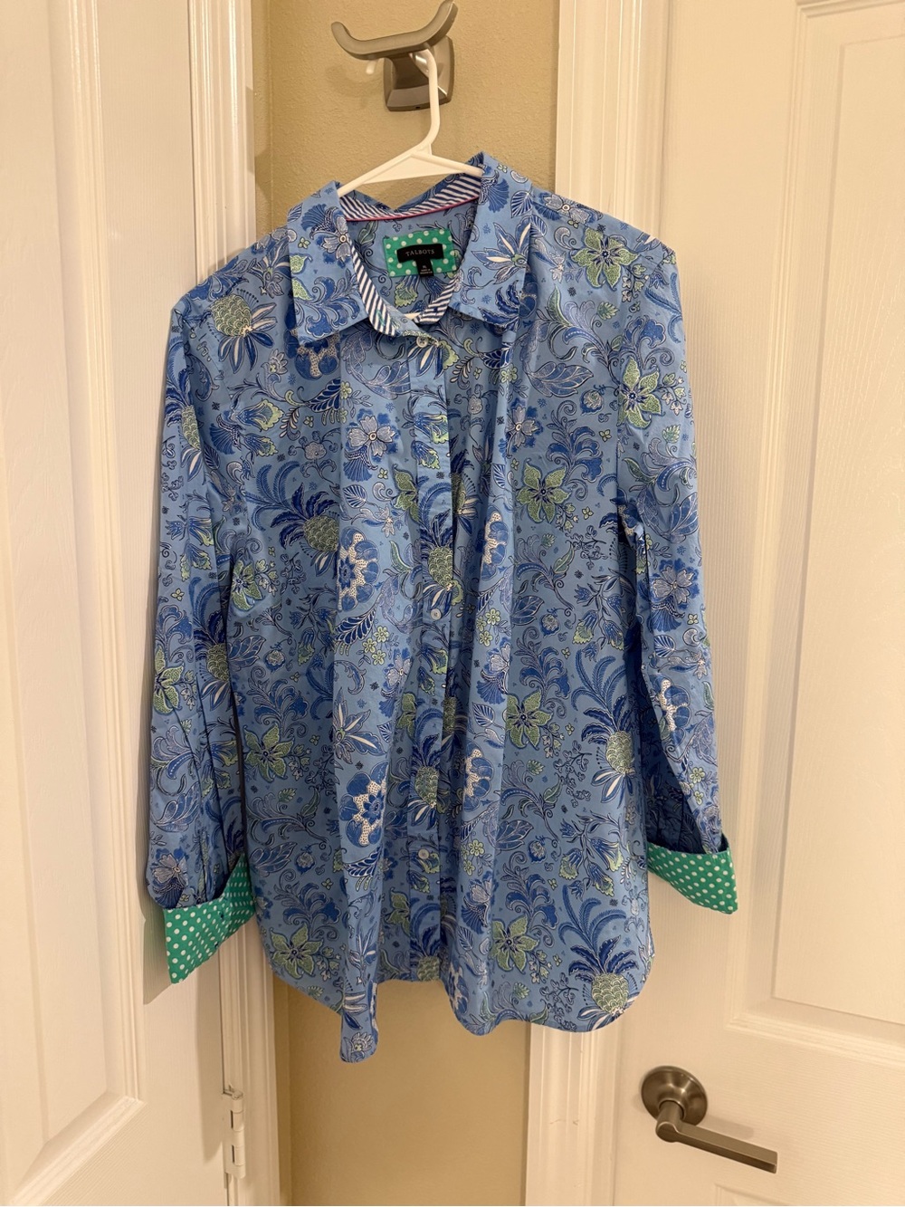 Talbots Blue Floral Button-Down Shirt with Green Accents